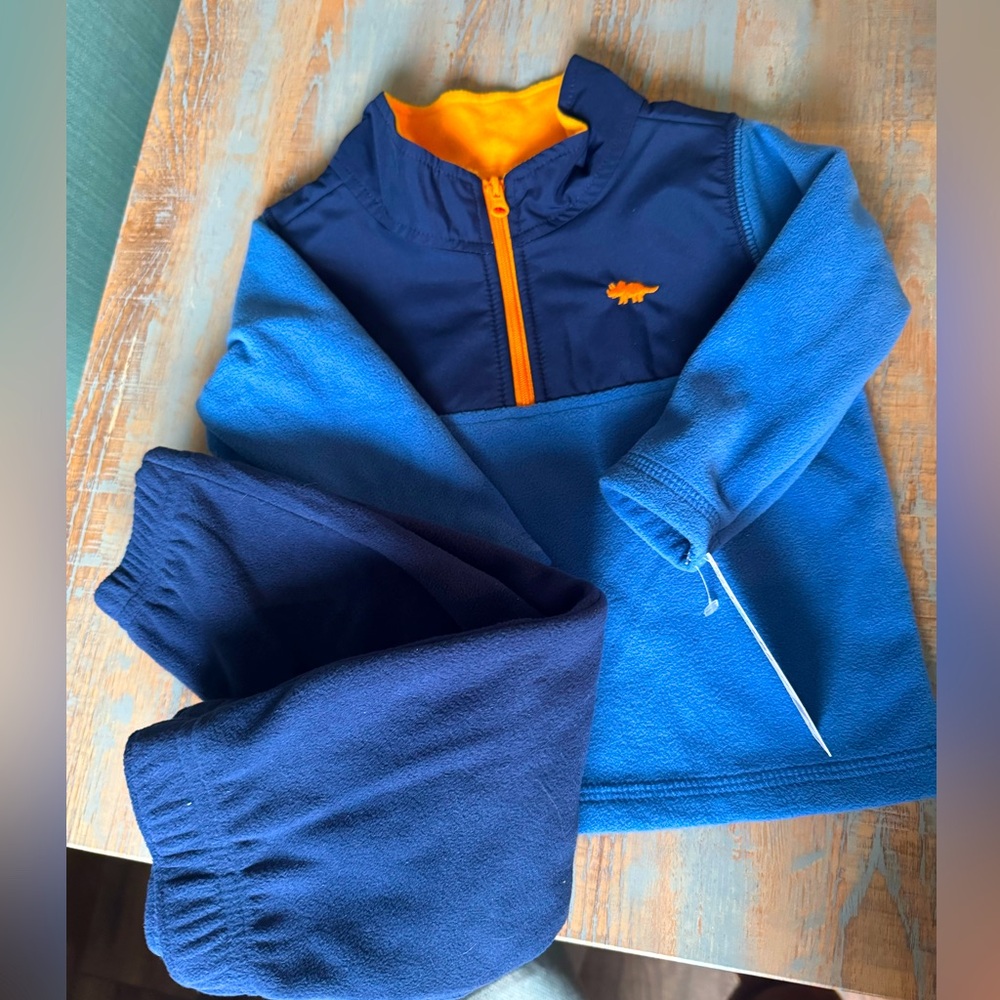 NWT 12 month Carter’s 2 pc set Blue and Orange Quarter-Zip Fleece Top and Bottom